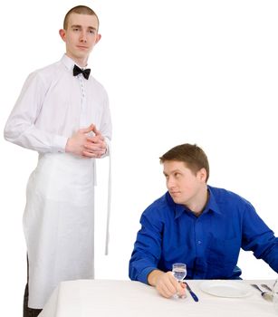 Waiter and guest of restaurant on a white background