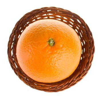 close-up orange in basket, view from above, isolated on white