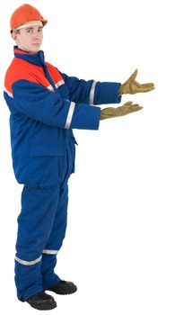 The worker in overalls and a helmet on a white background