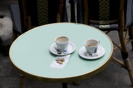 looking down on round cafe table with cups