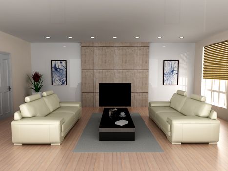 3D rendered Illustration. Interior visualisation of a living room.