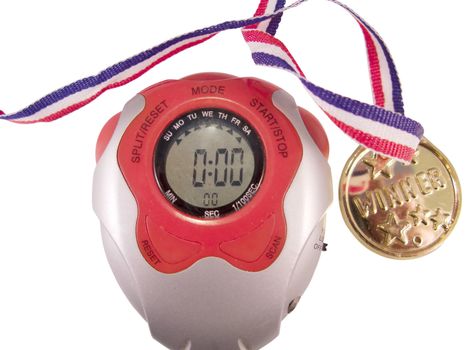 Stopwatch with winning gold medal