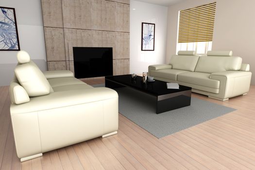 3D rendered Illustration. Interior visualisation of a living room.