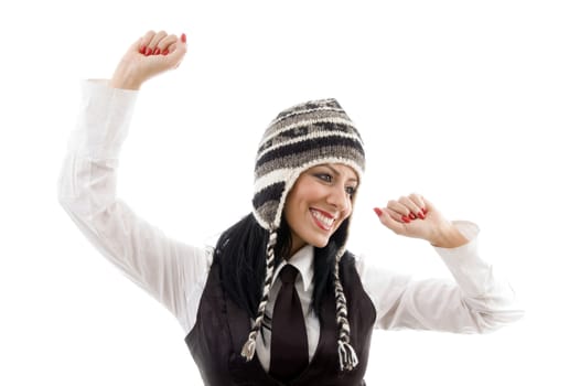 caucasian model wearing winter cap against white background