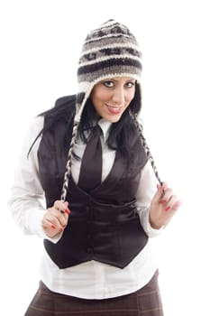 portrait of caucasian model in woolen cap against white background