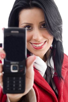 american woman showing her cell phone with white background