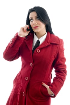 caucasian model talking on mobile phone against white background