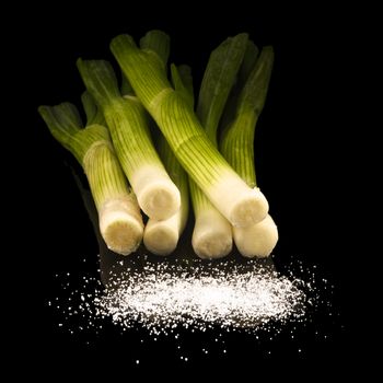 Green onions with salt isolated on black