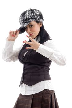 young woman in cap against white background