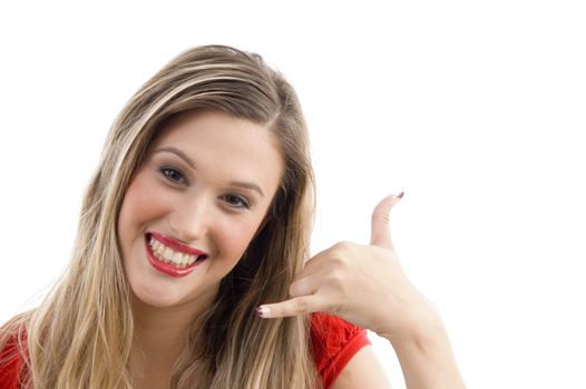 gorgeous woman making call with hand gesture with white background