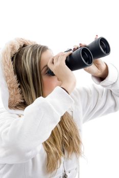 professional photographer eyeing with binoculars on an isolated white background