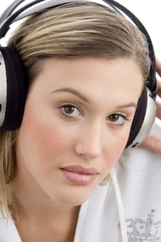 woman wearing headset and looking at camera on an isolated white background