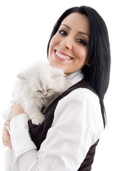 young model happy with her cute kitten against white background