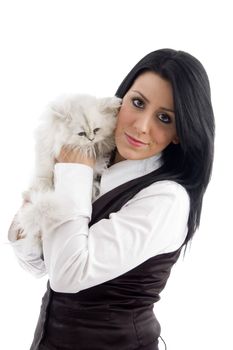 young female holding her lovable cat with white background