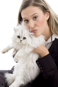young female holding her lovable cat with white background