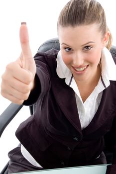 woman with thumbs up on an isolated white background