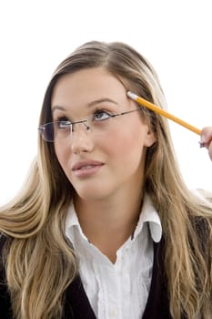 young female holding pencil on an isolated white background