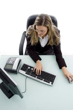 high angle view of woman working on computer on an isolated background