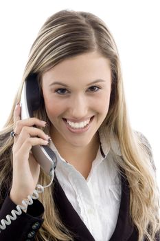 young professional talking on phone with white background