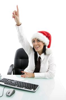 christmas woman pointing upward with white background