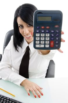 young woman showing calculator on an isolated white background