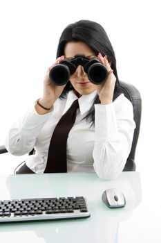 young manager looking through binocular on an isolated white background