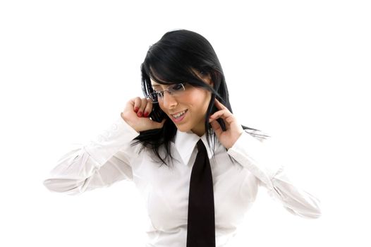 young businesswoman talking on mobile on an isolated background