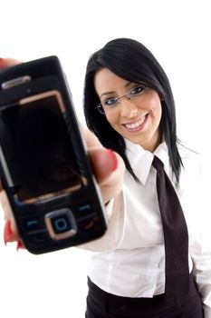 young businesswoman showing mobile on an isolated white background