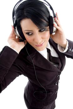 young employee holding headphone on an isolated white background