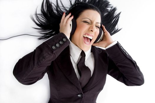 high angle view of manager wearing headphone on an isolated white background