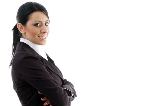 side view of young businesswoman on an isolated white background