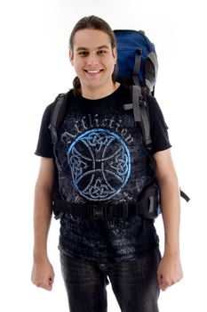 young traveler with bag pack against white background