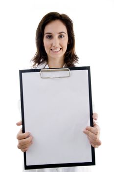 smart doctor holding clipboard against white background