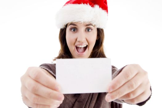 woman wearing christmas hat displaying business card isolated on white background