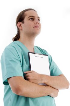 smart pose of doctor holding clipboard on an isolated white background
