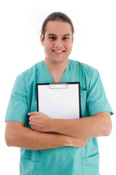 male doctor with prescription notepad against white background