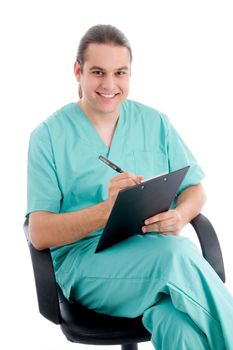 male surgeon writing prescription on an isolated white background