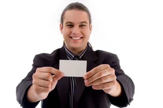 young executive posing with business card with white background
