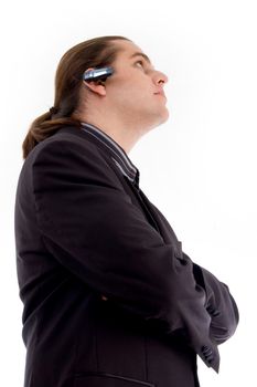 businessman wearing headset with white background