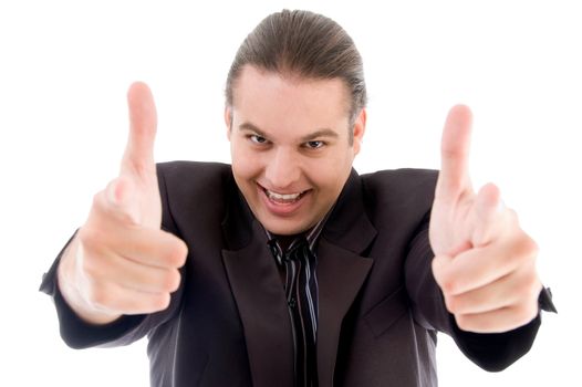 young businessman showing thumbs up on an isolated white background