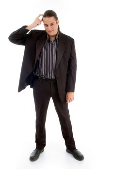 confused accountant posing against white background