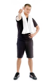 young man showing thumbs up with white background