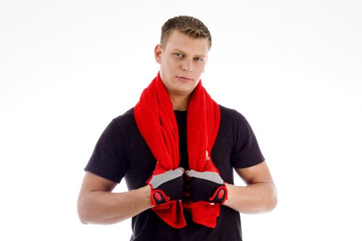 portrait of male with towel looking at camera on an isolated background