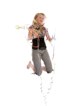 Pretty blond teenage girl jumping on white background