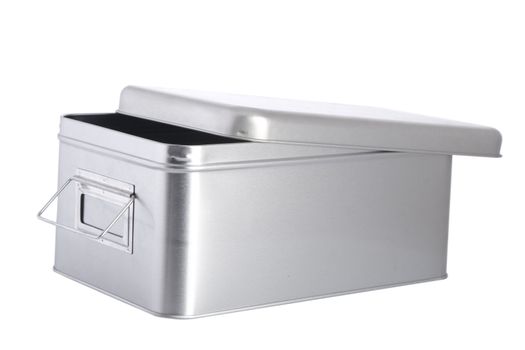 open silver steel box on white background