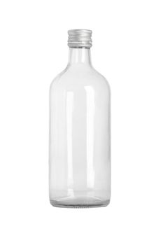 front view of transparent glass bottle on white background