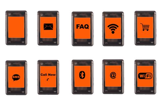touchpad telephone with different symbols: sms, mail, faq, wireless, shopping, bluetooth, wi-fi