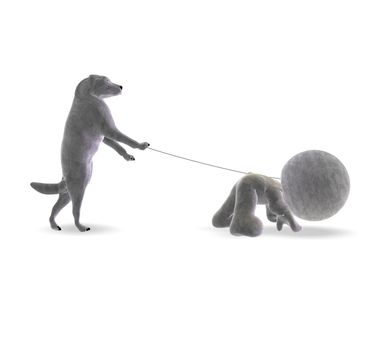 Inverted world Cartoon - Dog keeps man on a leash and takes him for a walk