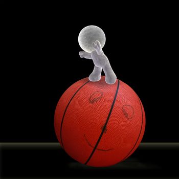 abstract cartoon of a soft man rolling a smiling basketball forward into the future
