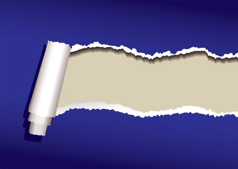 Blue paper background with torn edges and roll and shadow